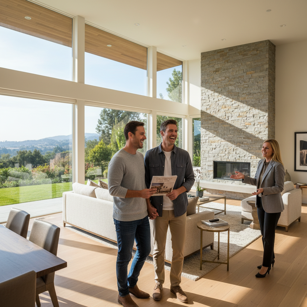Liz Anderson with clients in a bright, modern home — celebrating a successful purchase